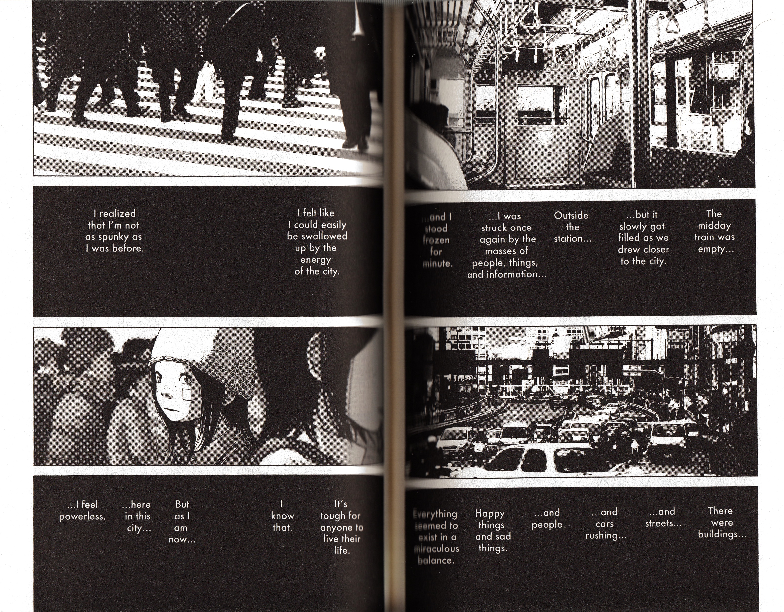 Inio Asano uses this technique of altering silent panels with stream of consciousness monologues quite frequently throughout the manga.