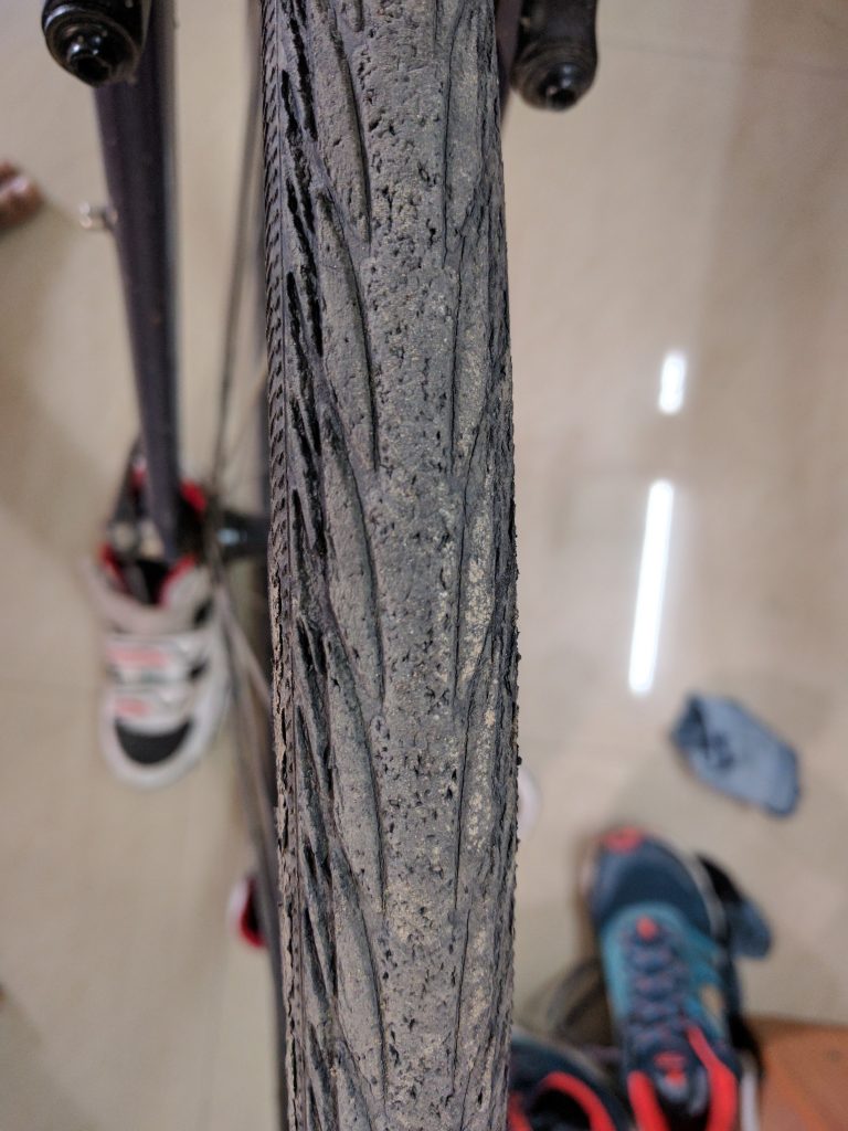 The front tyre tread.