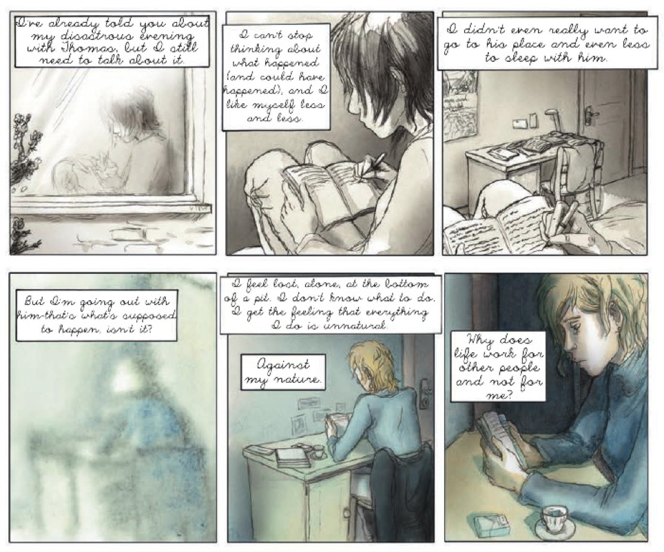 This transition uses a fade and a similar set of framings between the two timelines to establish continuity.