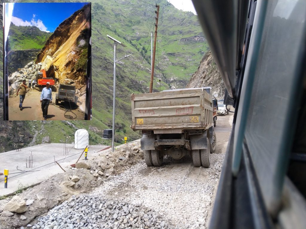 Road being cleared of rubble and rebuilt after Kinnaur Gate. (Inset) The photograph of the landslide that my colleague had shared earlier this week.