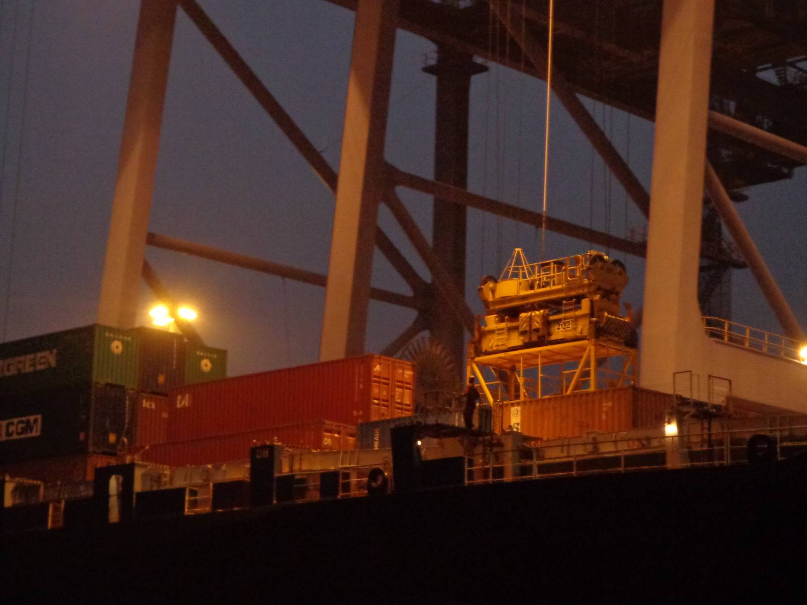 A container being unloaded from the merchant ship, Indira Gandhi.