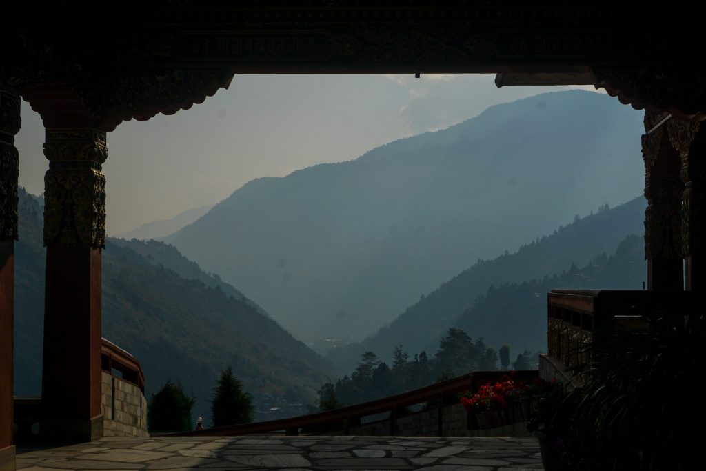 The hills that flack the valley of Dirang as visible from the monastery&rsquo;s entrance.
