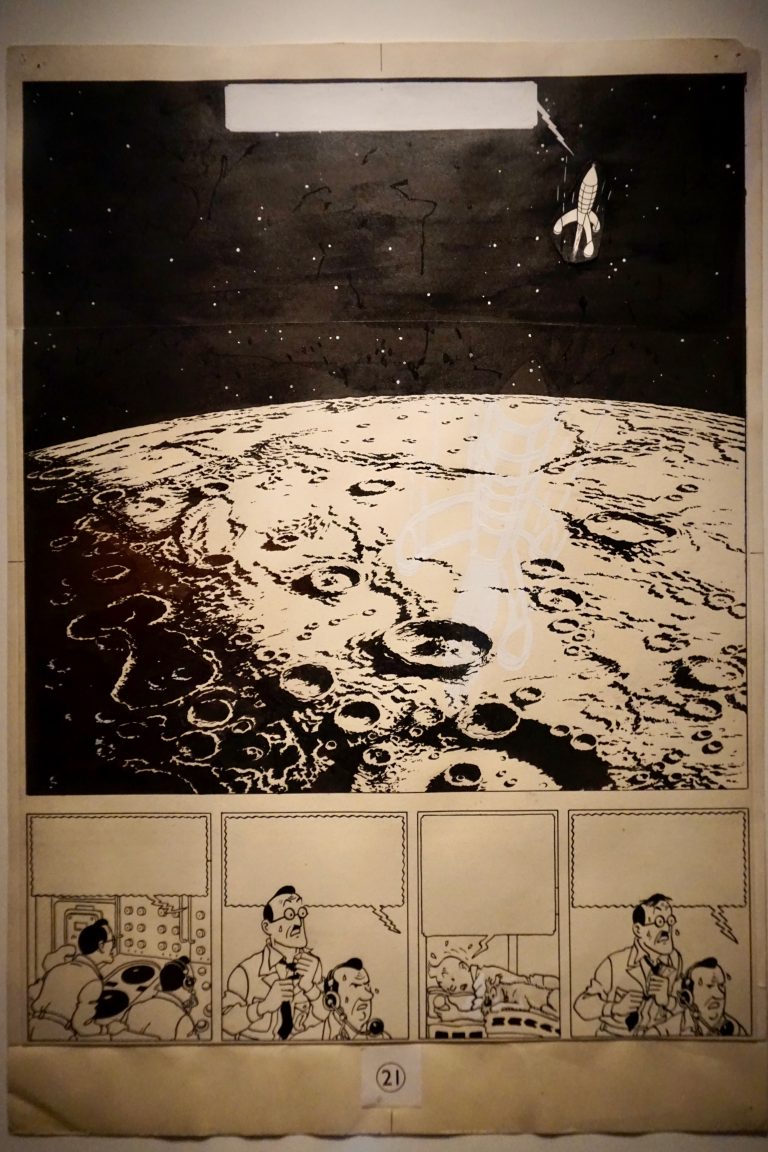 From The Explorers on the Moon. See the use of white gouache that has been used to erase a larger, different perspective of the spacecraft. There were other forms of editing, too. The cover of Explorers is actually constructed in fragments and then taped together.