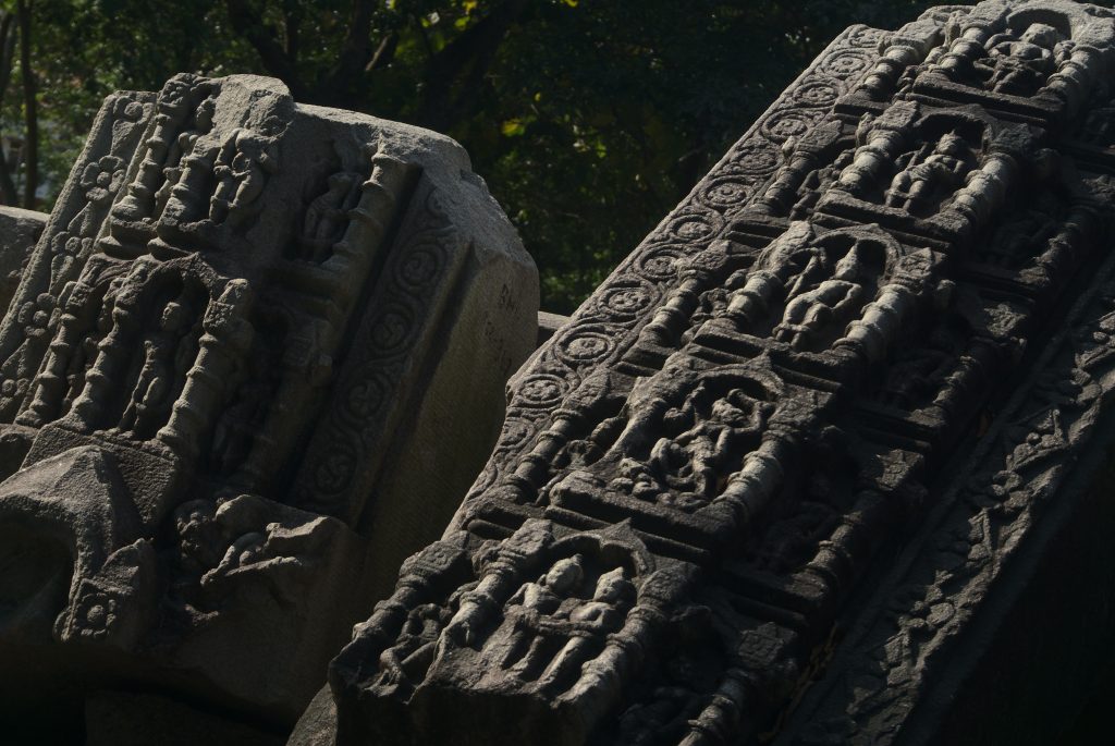 These carved stones might have been pillars of the temple. In the absence of any preserved structure, it is hard to know. ASI hasn&rsquo;t put up any information, either.