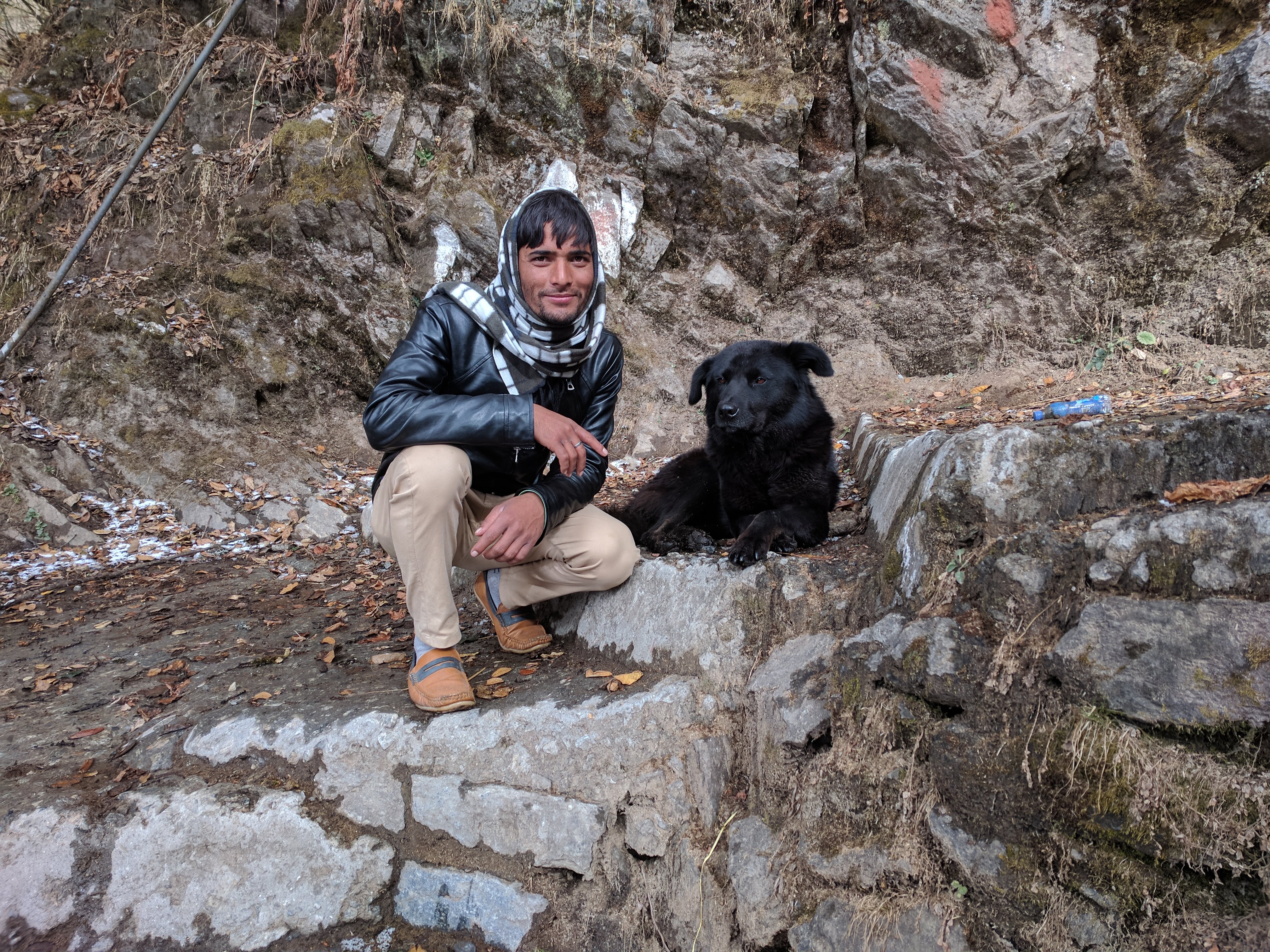 Mahavir with one of the dogs that accompanied us all the way to Yamunotri and back.