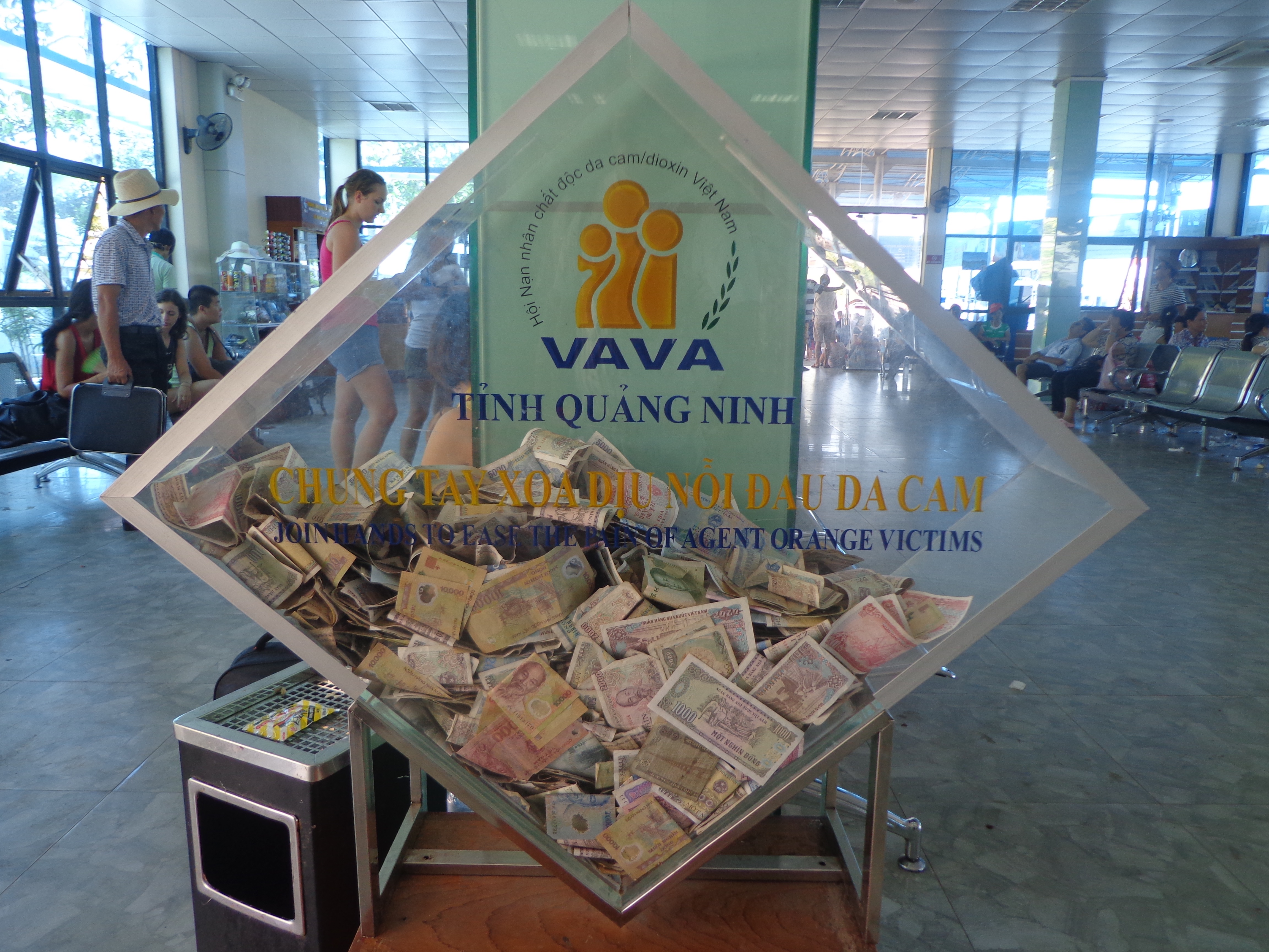 A collection box seeking donations for the victims of Agent Orange.