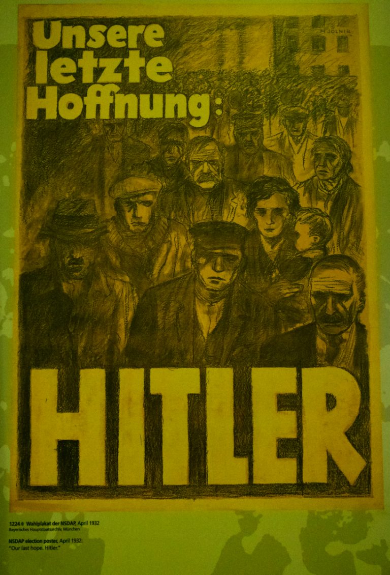 The economic crisis of Germany post World War I was one of the main reasons for Hitler coming into power. This is one of the posters calling for public support. It says, Our last hope, Hitler.