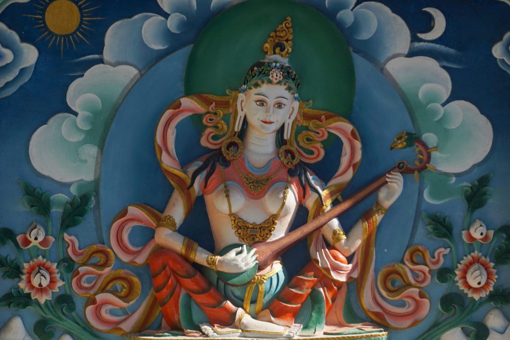 Sarasvati—the goddess of wisdom and learning in Hinduism—is worshiped in Tibetan Buddhism, too.