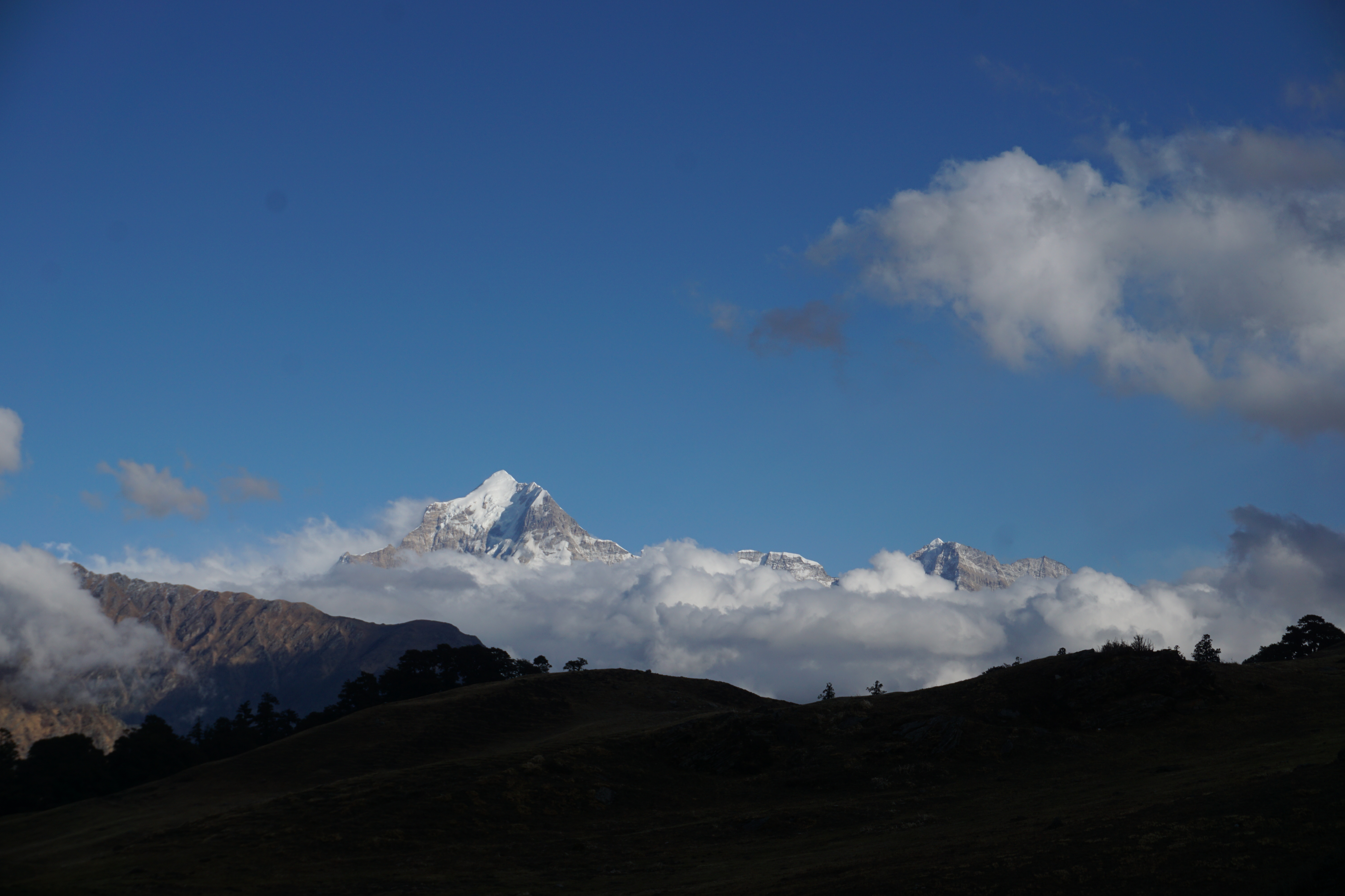 Dronagiri (l) and Nanda Devi (r). In spite of the overcast, I was able to get a clear view of the peaks for about half a minute before the clouds obscured the view again.