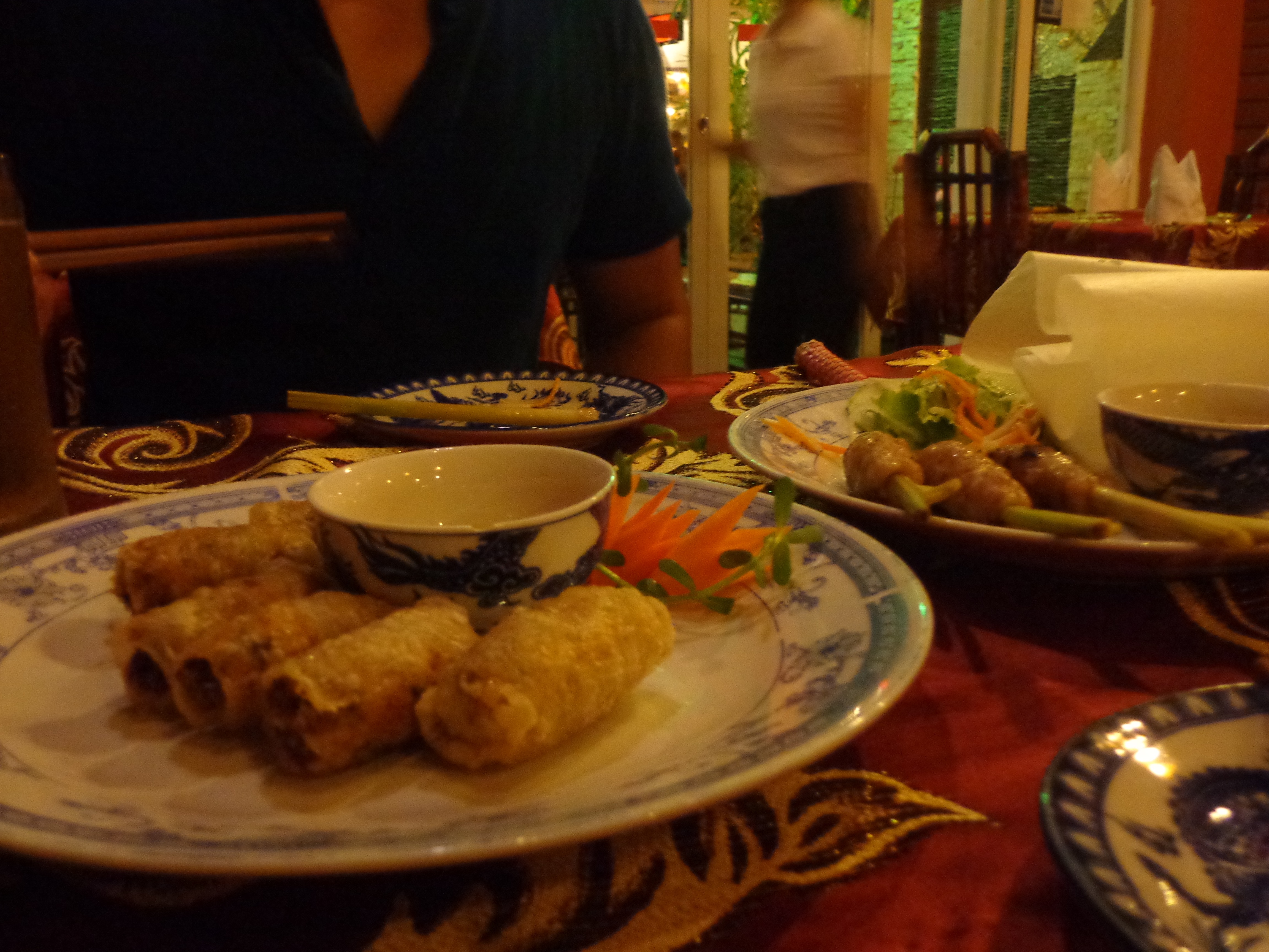 Two types of spring rolls. The duck spring roll is deep fried. The pork spring roll comes with an instruction, Some assembly required.