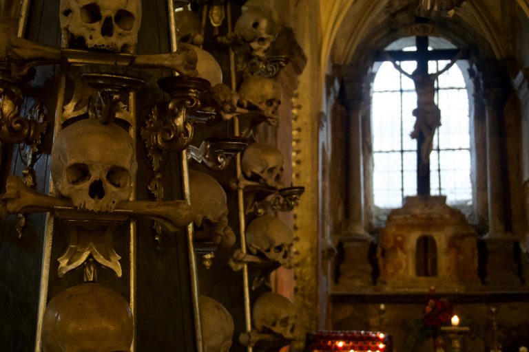 Close-up of the arrangement near the altar.