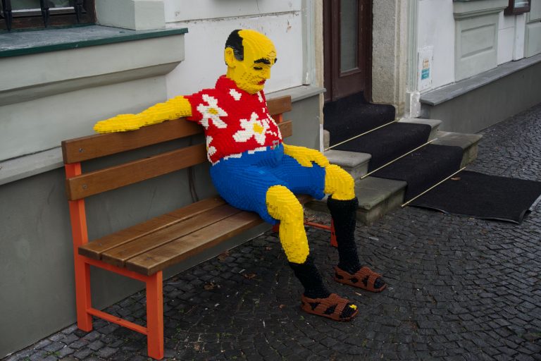 Visitors often sit beside this lego model outside the Lego Store / Museum in Kutná Hora.