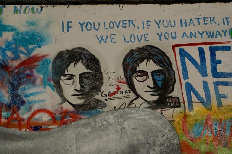 The only proper stencil of Lennon I saw on the wall. (Besides these, there was one South Park style portrait.)