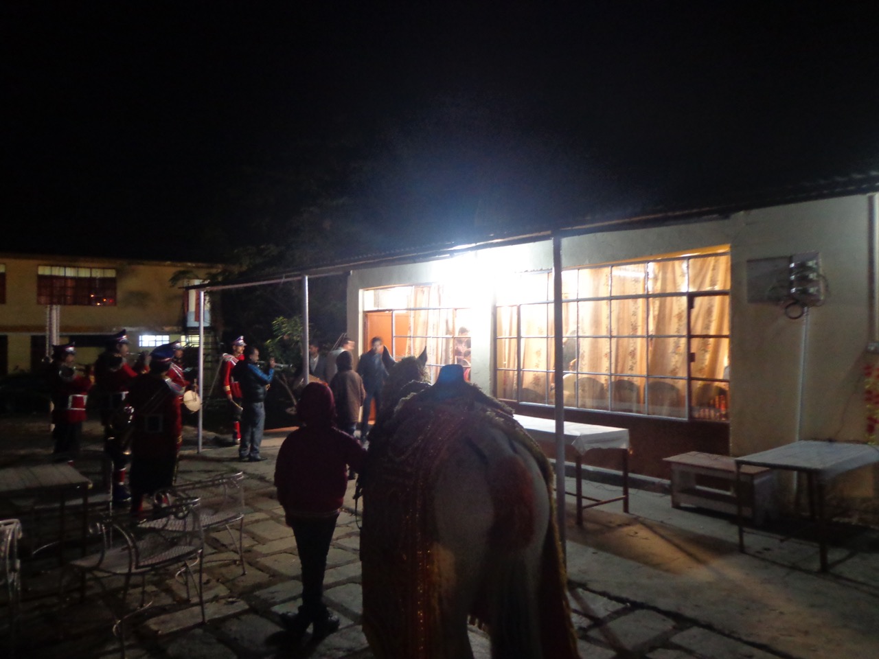 The horse and the band waiting for the groom to get out of the photo booth. The horse defaecated soon afterwards!