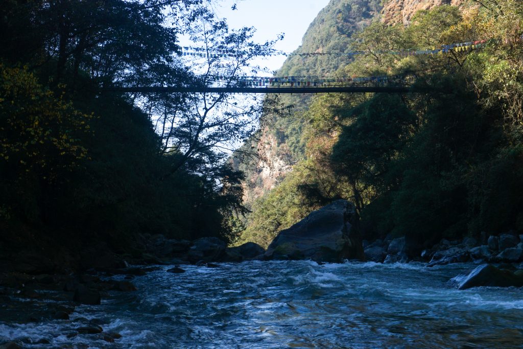 The footbridge over the river that connected Nuranang to the villages on the other side of the river via trails.