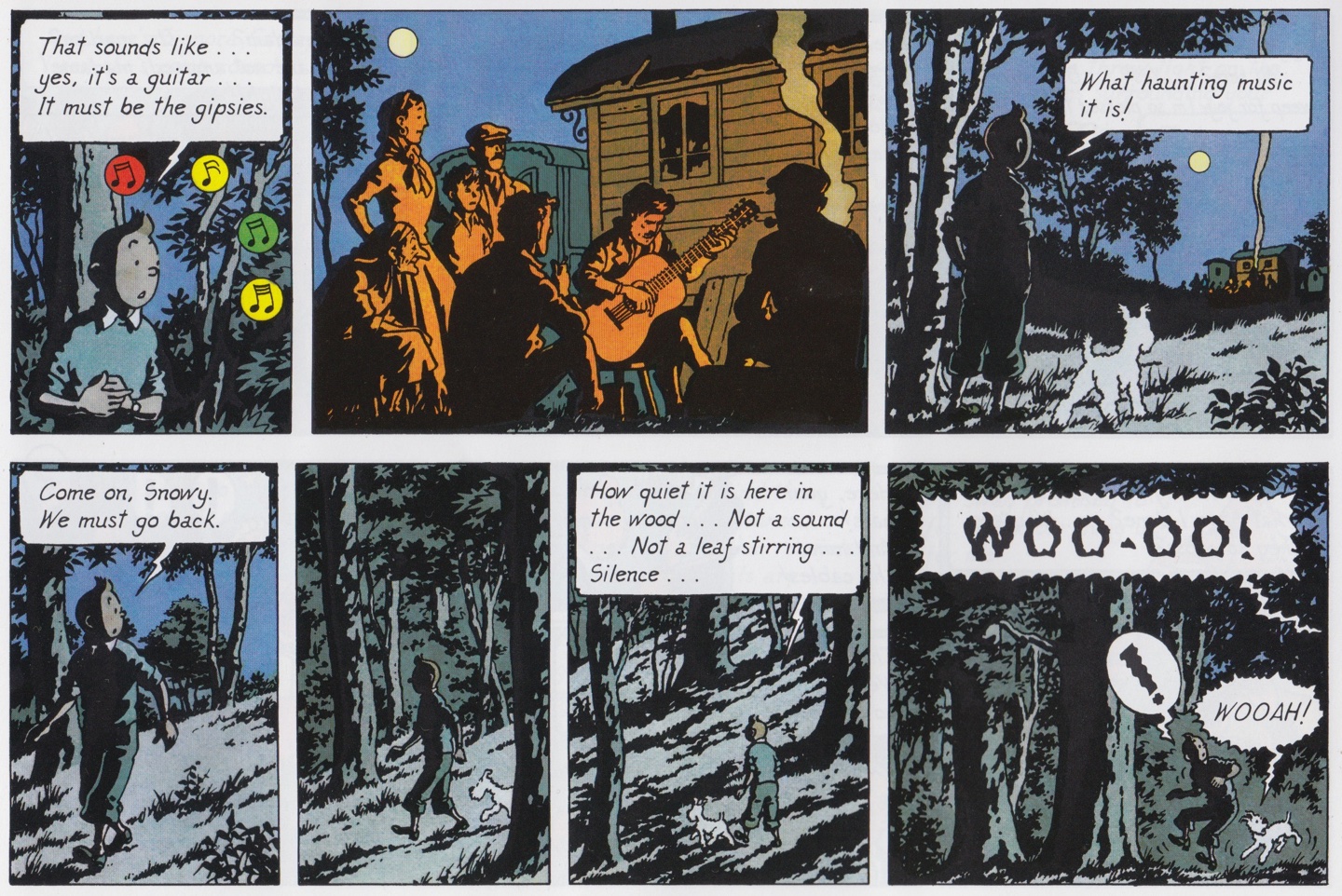 Such well-illustrated moonlight sequences are hard to find in other Tintin albums. There are night-time panels in other albums but they aren&rsquo;t even close to these.
