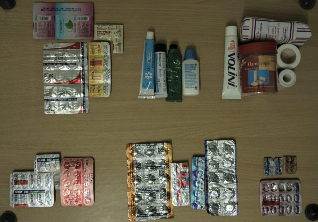 Top row: stomach ailment, skin care, sprain and wound care. Bottom row: antibiotics, fever and pain management, and speciality medicine.