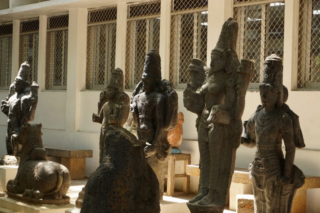 Photography was not allowed inside Pondicherry Museum. These stone deities were just before the &ldquo;No Photography&rdquo; sign.