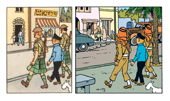 Comparison of 1950 ans 1971 edition. In the 1950 edition, the troops depicted are British while in 1971 edition, the country is a fictional one with its own police force. There is a depiction of Irgun in 1950 edition, as well.