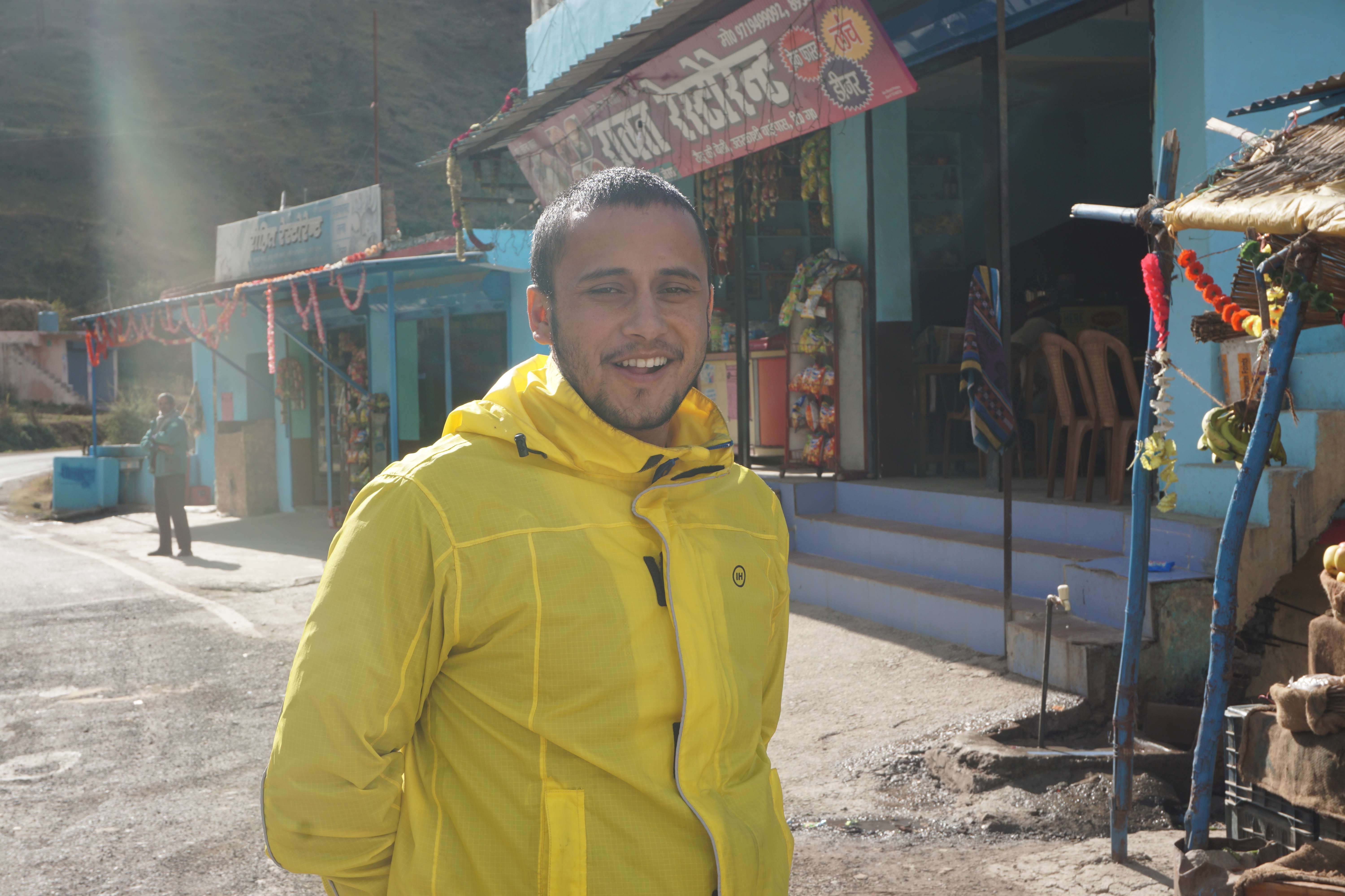 Vishwanath Bhandari posing in front of the meal point at Rautu ki Beli.